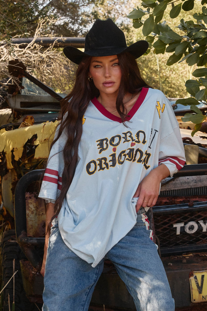 THE BORN ORIGINAL TEE- SKY & MAROON