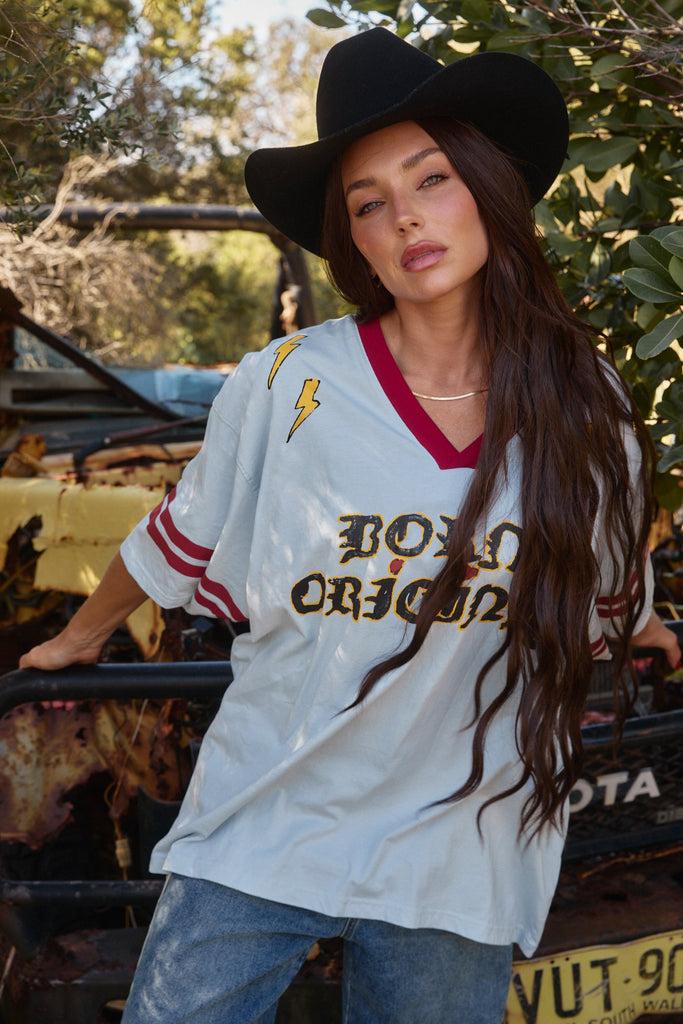 THE BORN ORIGINAL TEE- SKY & MAROON