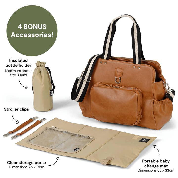 Faux Leather Tote Triple Compartment Nappy Bag | Tan