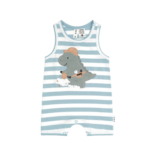 CONSTRUCTION DINO STRIPE SLEEVELESS ROMPER