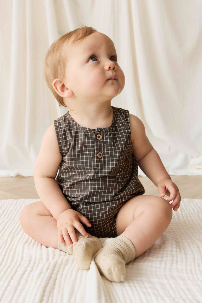 Organic Cotton Archie Playsuit | Coffee Grid