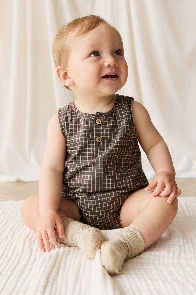 Organic Cotton Archie Playsuit | Coffee Grid