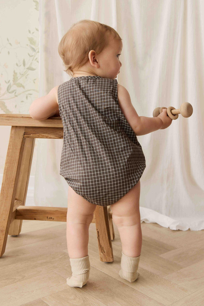 Organic Cotton Archie Playsuit | Coffee Grid