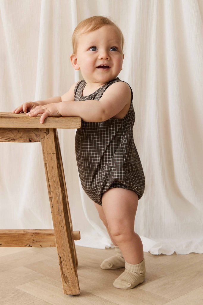 Organic Cotton Archie Playsuit | Coffee Grid